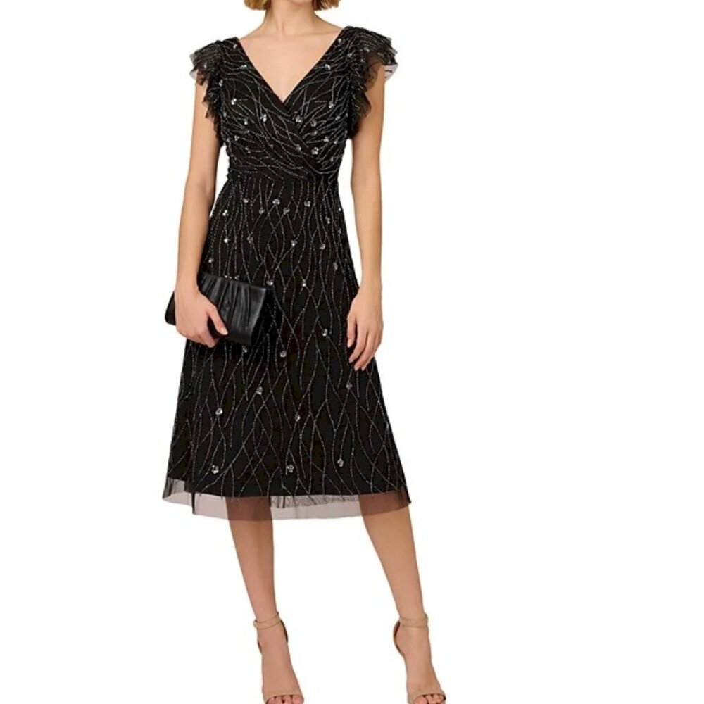 Adrianna Papell Women's Beaded Flutter-Sleeve Midi Black Dress Size 0 New NWT